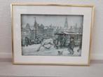 Anton pieck 3d schilderij Amsterdam Damrak Winter met lijst, Ophalen of Verzenden