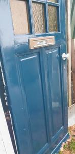 Blauwe houten buitendeur met glas, Doe-het-zelf en Verbouw, Deuren en Horren, Gebruikt, Ophalen of Verzenden, Buitendeur, 200 tot 215 cm