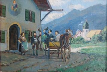 Miniatuur - Herberg bezoek - Paard en wagen - Paneel - 1850 beschikbaar voor biedingen