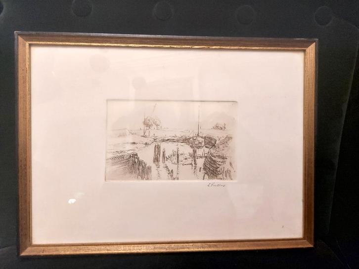 Vintage ets, kreek, sloep met zeil, Louis Peeters, Antwerpen, Antiek en Kunst, Kunst | Etsen en Gravures, Ophalen of Verzenden