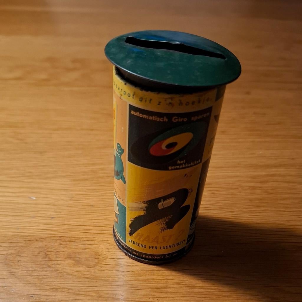 Vintage Rijkspostspaarbank spaarpot (jaren '50), Verzamelen, Ophalen of Verzenden, Gebruikt, Metaal of Blik