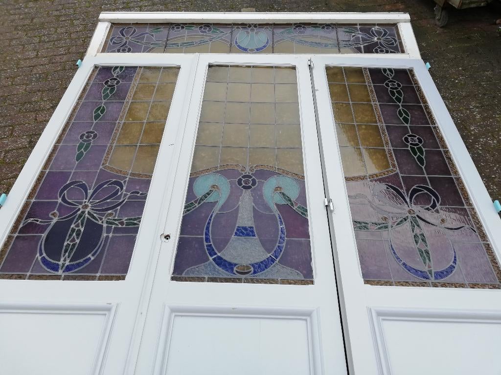 295 hoog x 221/225,5 cm breed prachtige glas in lood deuren, Antiek en Kunst, Antiek | Overige Antiek, Ophalen