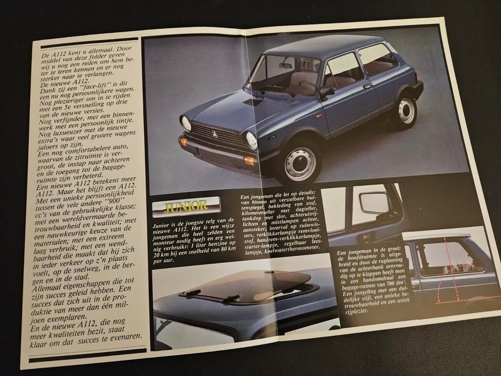 Brochure Lancia A112 incl Abarth, Ophalen of Verzenden, Zo goed als nieuw, Overige merken