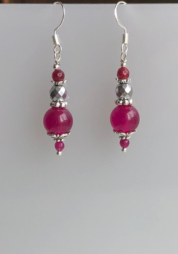Prachtige oorbellen met fuchsia en wijnroze Jade, zilver, Hangers, Verzenden, Nieuw, Roze