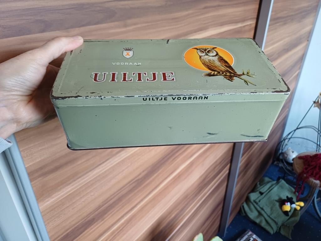 Vintage blik Uiltje Vooraan, Verzamelen, Blikken, Gebruikt, Overige, Overige merken, Ophalen of Verzenden
