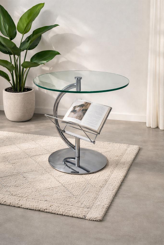 Design bijzettafel Glas/Chroom Japandi/Minimalistisch, Minder dan 55 cm, Rond, Glas, Ophalen
