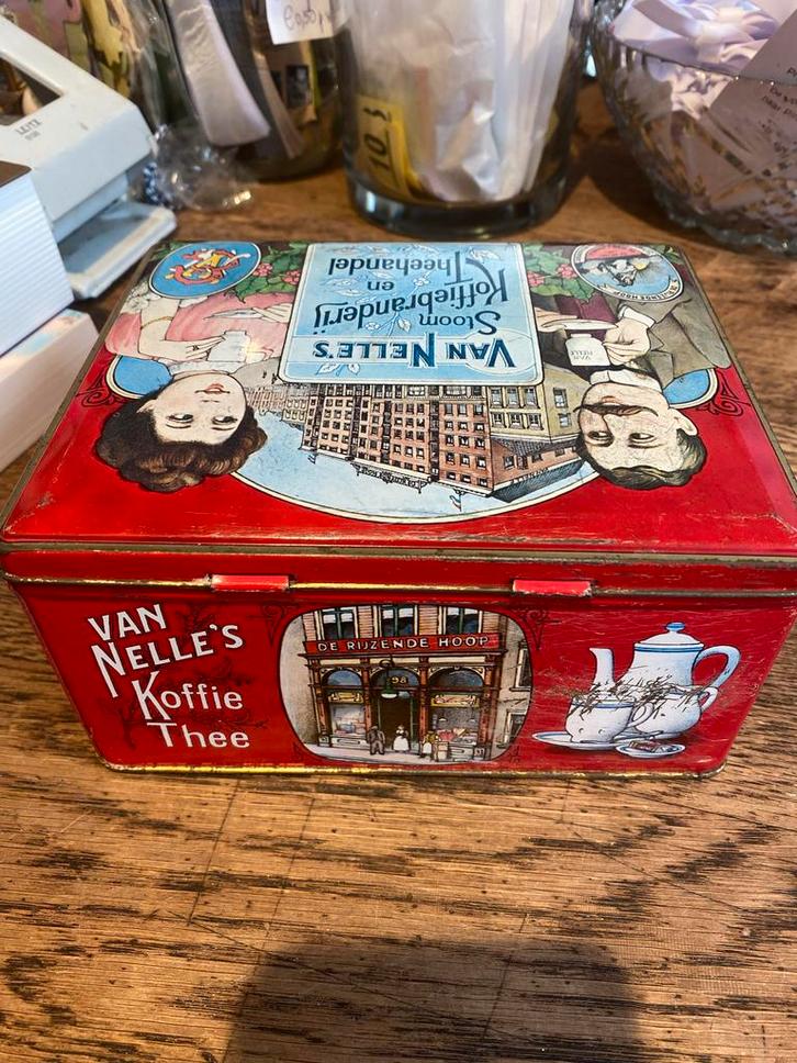Vintage Van Nelle Koffie en Thee Blik - De Rijzende Hoop, Verzamelen, Blikken, Gebruikt, Koffie, Van Nelle, Ophalen of Verzenden
