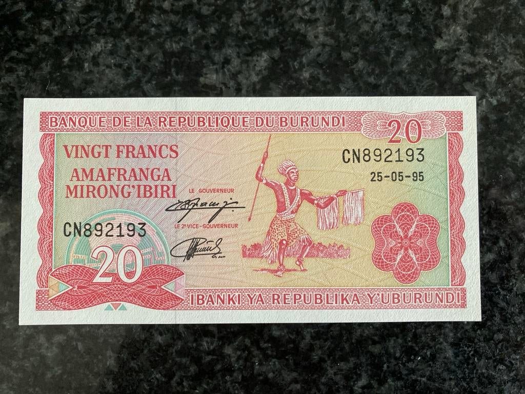 Burundi 20 Francs UNC biljet 1995 - Afrikaanse bankbiljetten, Ophalen of Verzenden, Burundi, Los biljet