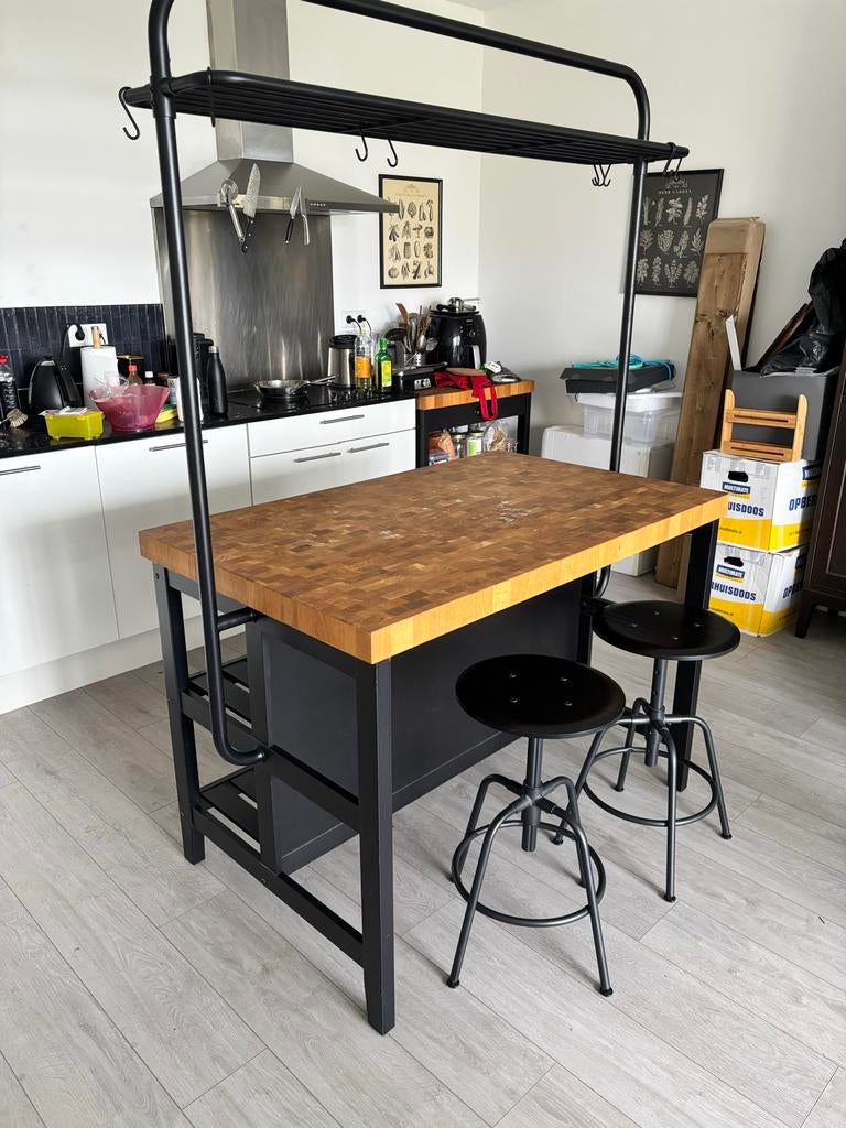IKEA Vadholma Keukeneiland met rek - Zwart/Eiken, Ophalen, Gebruikt, 100 tot 150 cm, 50 tot 75 cm