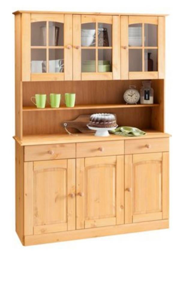 Massief grenen dressoir met vitrinekast, Huis en Inrichting, Kasten | Dressoirs, Gebruikt, 100 tot 150 cm, 25 tot 50 cm, Met lade(s)