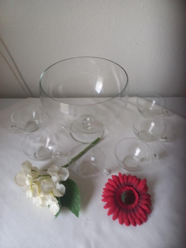 Oude glazen bowlset met 6 glazen, Ophalen of Verzenden, Overige kleuren, Glas, Minder dan 50 cm