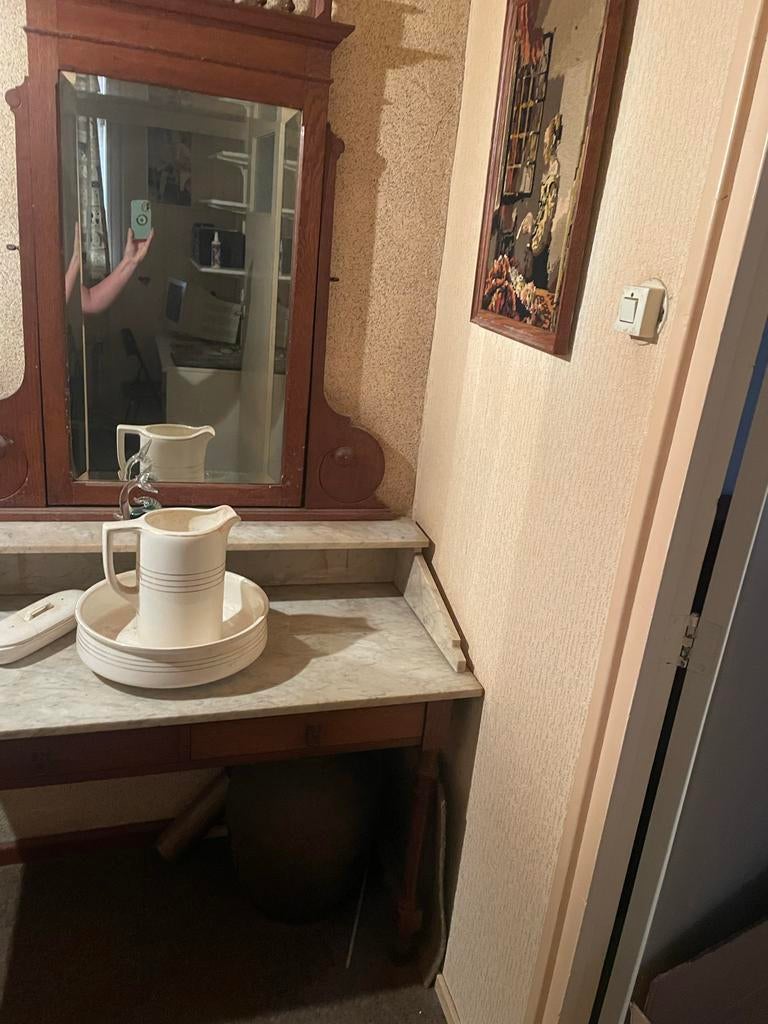 Antieke wastafel met spiegel en marmeren blad, Ophalen, Rechthoekig, 50 tot 100 cm, 150 tot 200 cm