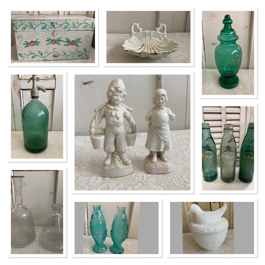 Brocante zeepbakje - spuitfles - beeldjes - knikkerflesjes, Antiek en Kunst, Curiosa en Brocante, Ophalen of Verzenden