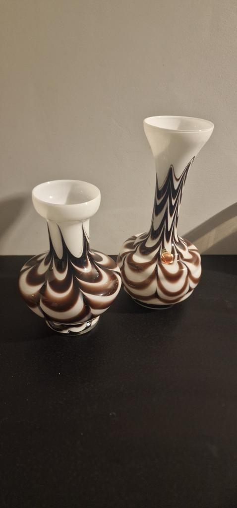 Set van 2 Murano stijl vazen - Bruin en wit glas, Ophalen of Verzenden