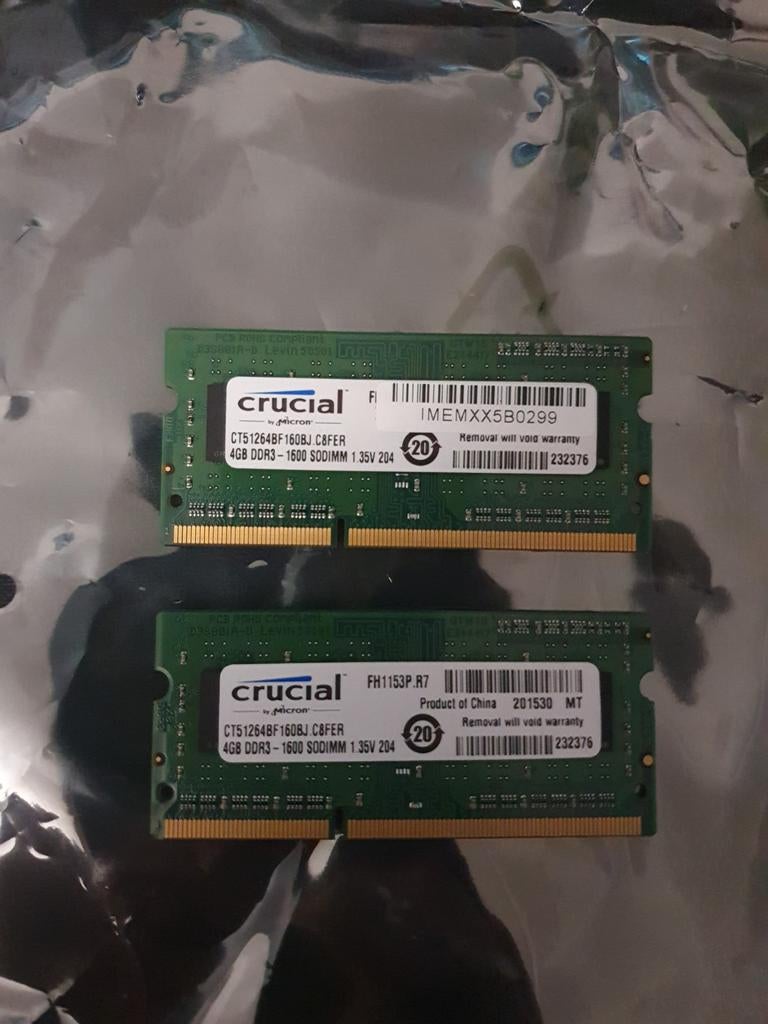 2x4GB Crucial DDR3 1600Mhz Laptop Geheugen, Computers en Software, RAM geheugen, Gebruikt, DDR3, Ophalen of Verzenden, Laptop