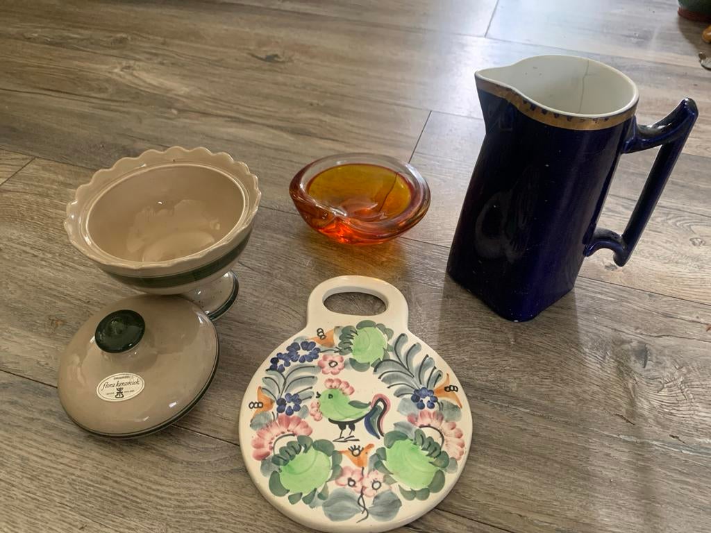 Vintage decoratieset: kan, schaal, onderzetter, asbak, Ophalen of Verzenden