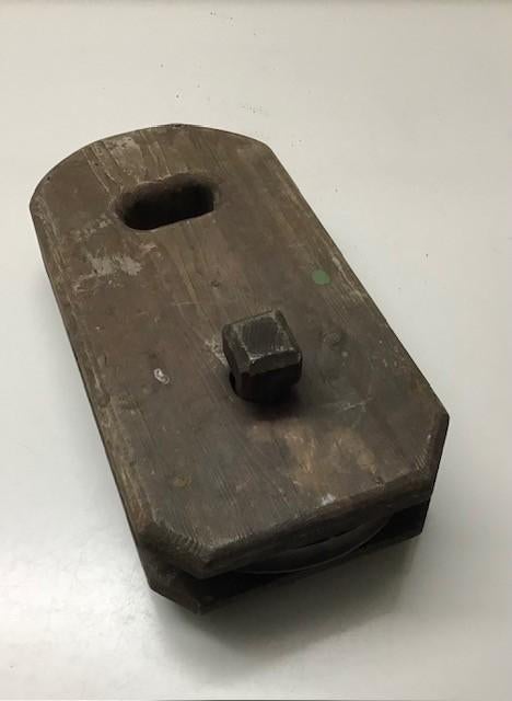 Vintage houten katrol met wiel en ophang oog, Ophalen of Verzenden