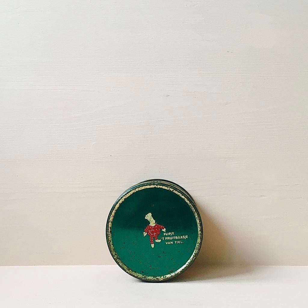 metallic-groen oud blikje ‘Flipje ‘t Fruitbaasje van Tiel’, Verzamelen, Blikken, Ophalen of Verzenden, Zo goed als nieuw, Overige