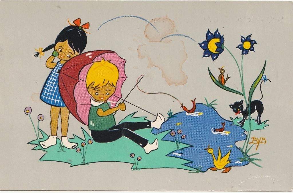 MEISJE PARAPLU TEKN BYB JAREN 50-60  MOOIE OUDE KAART KL920, Ophalen of Verzenden, 1940 tot 1960, Ongelopen