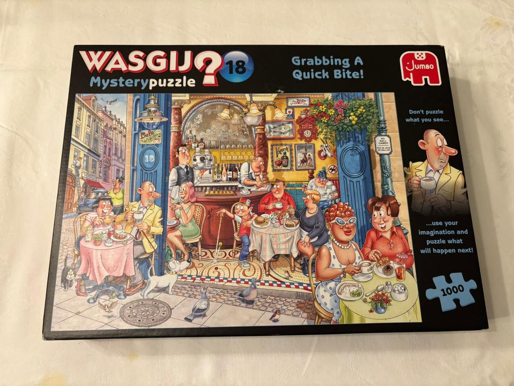 Jumbo wasgij mystery 18 grabbing a quick bite!, Ophalen of Verzenden, 500 t/m 1500 stukjes, Zo goed als nieuw, Legpuzzel