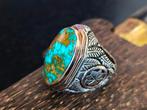 Spirituele zilveren ring met turkoois steen kris keris, Ophalen of Verzenden