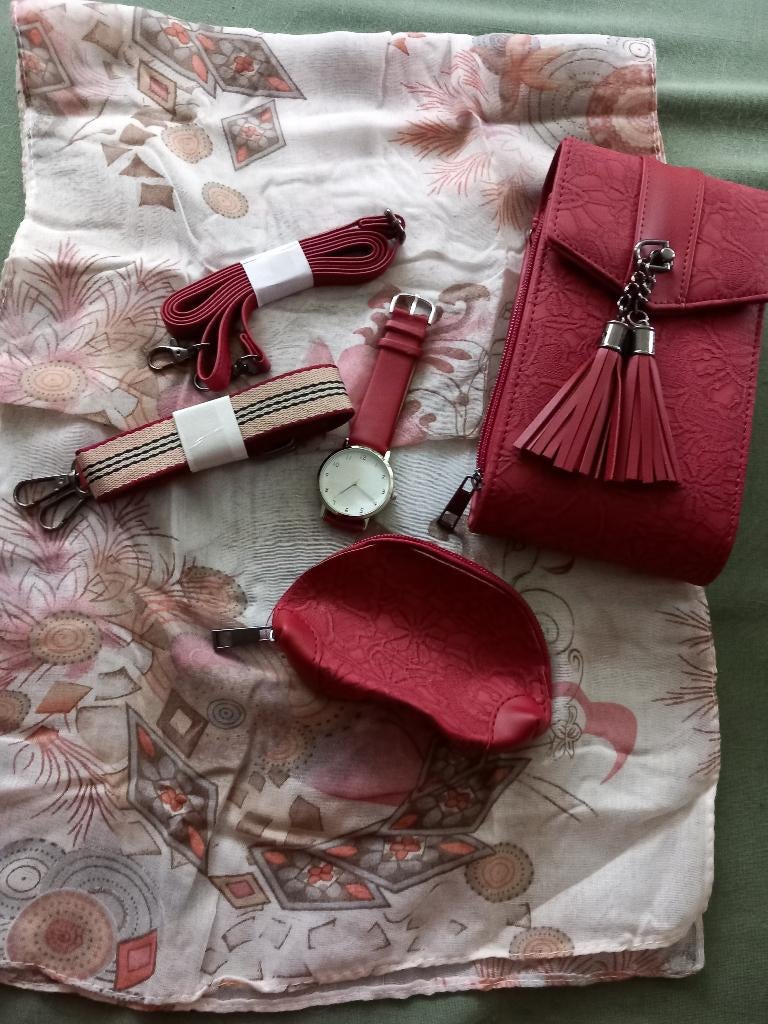 Set van sjaal, tasje, portemonnee en horloge., Ophalen of Verzenden, Nieuw, Bruin, Schoudertasje