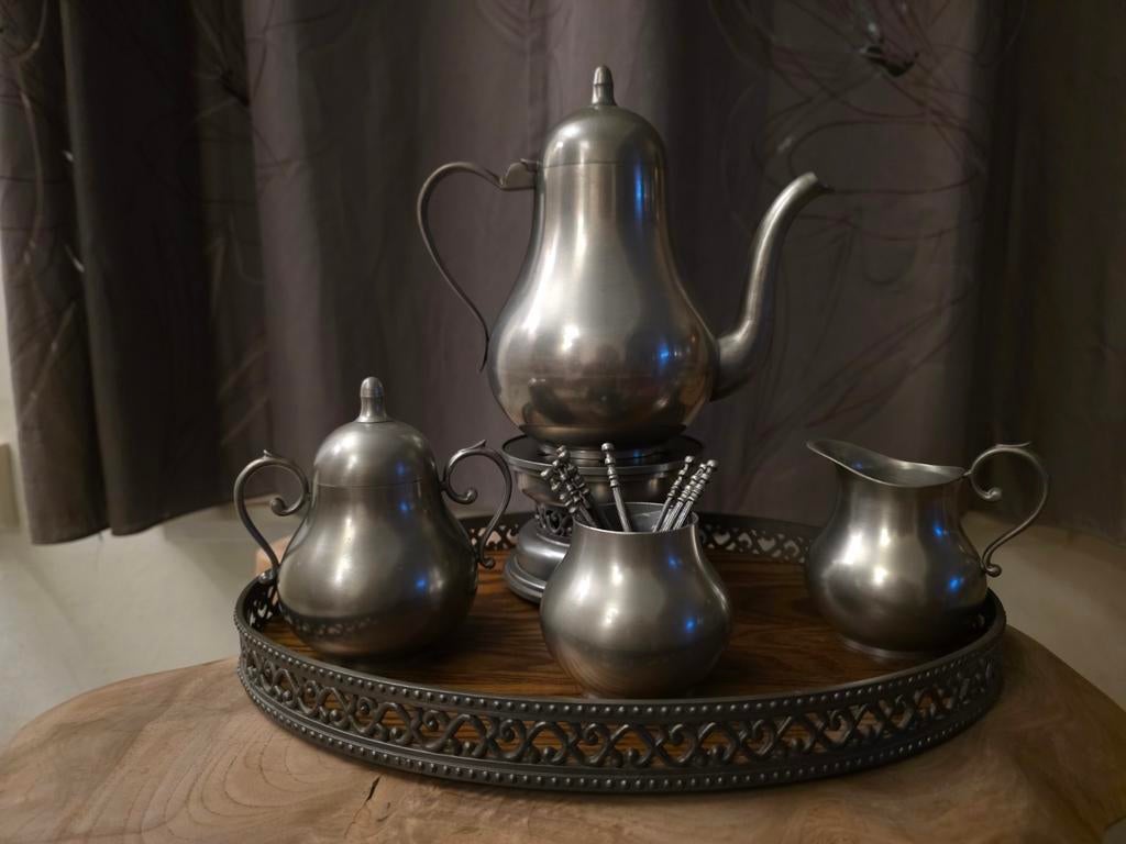 Antiek tinnen theeservies met dienblad, Ophalen of Verzenden