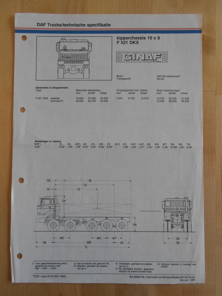 GINAF F521 DKX Technische Specificatie Folder 1986 – 10x8, Ophalen of Verzenden, Zo goed als nieuw, Overige merken, GINAF