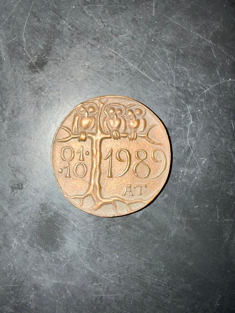 Hongaarse bronzen herdenkingspenning 1989 met uilen, Ophalen of Verzenden, Brons, Buitenland