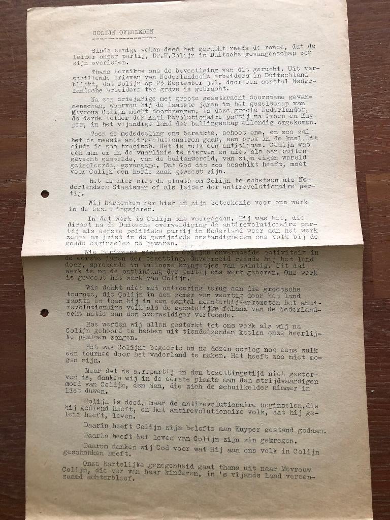 1944 Anoniem Illegaal krantje over overlijden van H. Colijn., Tweede Wereldoorlog, Verzenden, Nieuw, Overige onderwerpen