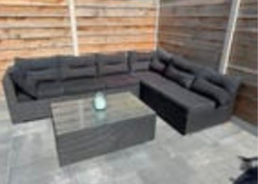 Bellagio loungeset hoekbank met zwarte kussens, 5 zitplaatsen, Gebruikt, Bank, Ophalen of Verzenden