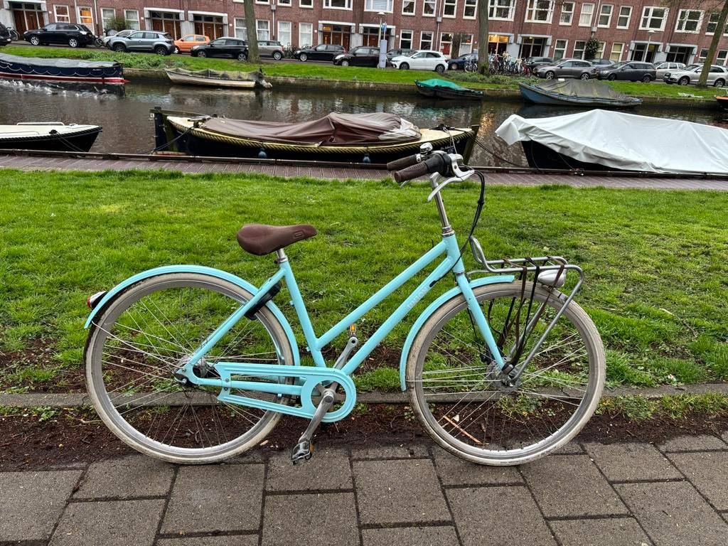 Union Flow Damesfiets - Lichtblauw met Voordrager, Gebruikt, Velgrem, 50 tot 53 cm, Ophalen