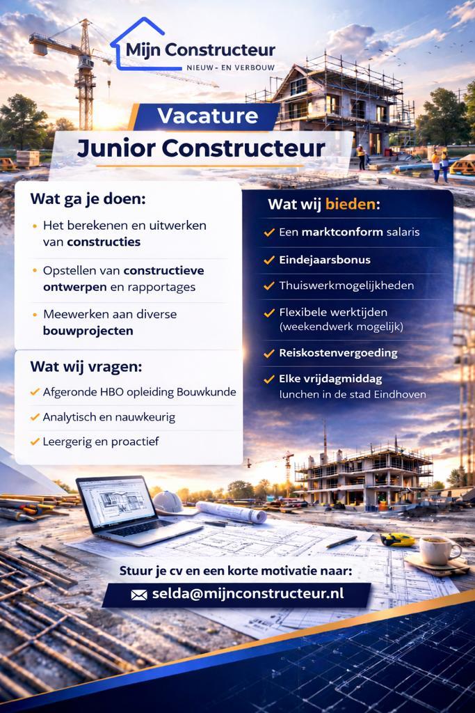Junior Constructeur, Vacatures, Vacatures | Bouwnijverheid, HBO, Starter, Tijdelijk contract, 33 - 40 uur