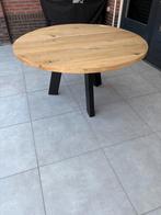 Ronde eettafel van eikenhout met zwart metalen onderstel, Huis en Inrichting, Tafels | Eettafels, Ophalen, 100 tot 150 cm, Zo goed als nieuw
