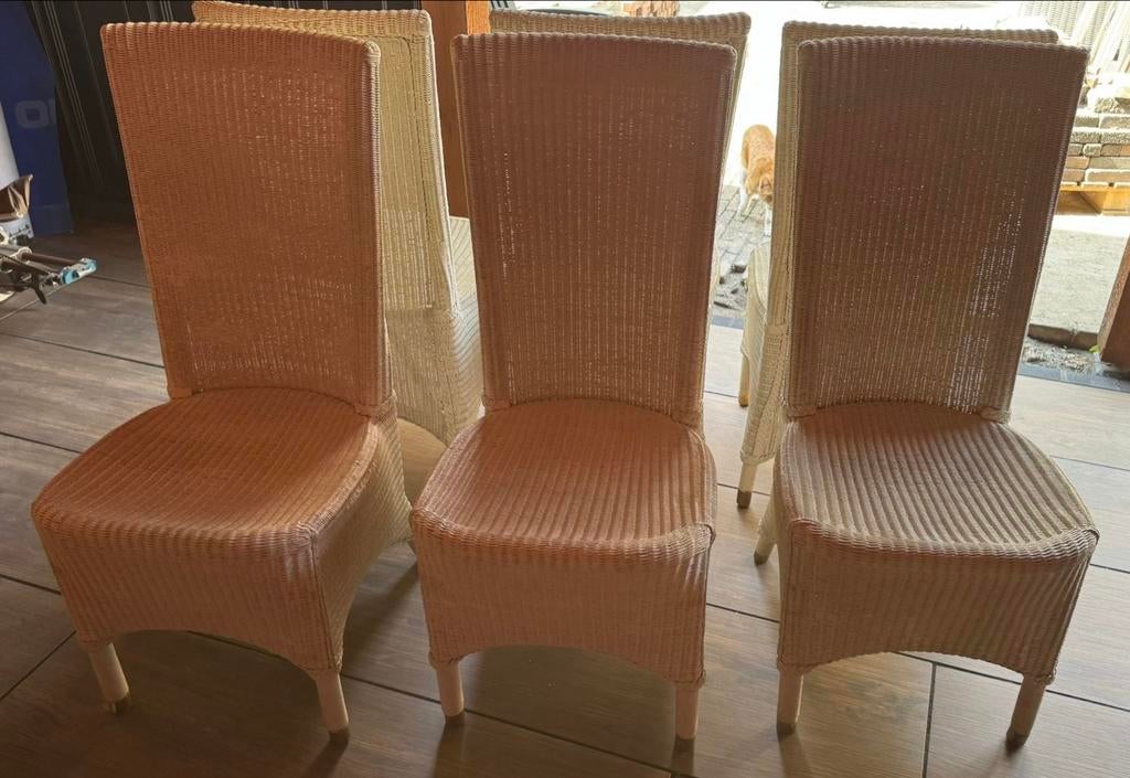 6 Lloyd Loom eetkamerstoelen, Gebruikt, Wit, Ophalen of Verzenden, Landelijk