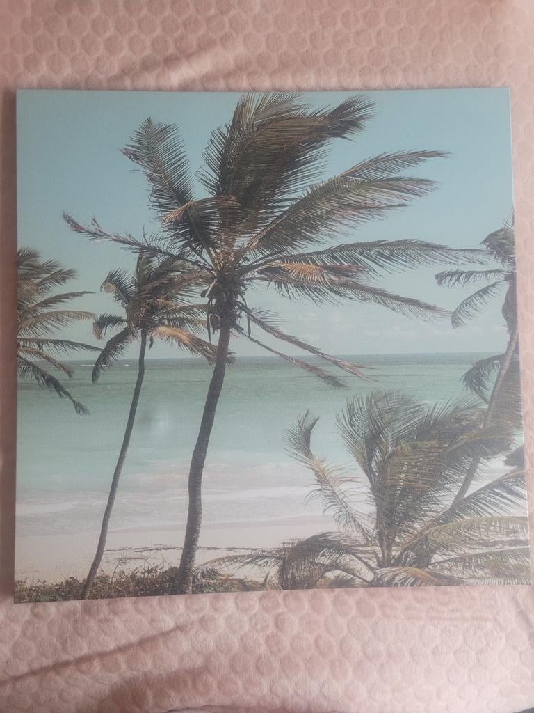 3x Strand schilderij met palmbomen - zomerse sfeer, Minder dan 50 cm, Ophalen of Verzenden, Zo goed als nieuw, Schilderij