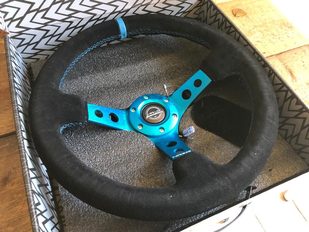 NRG Sportstuur suede 350mm blauw zwart deep dish 75mm, Ophalen of Verzenden