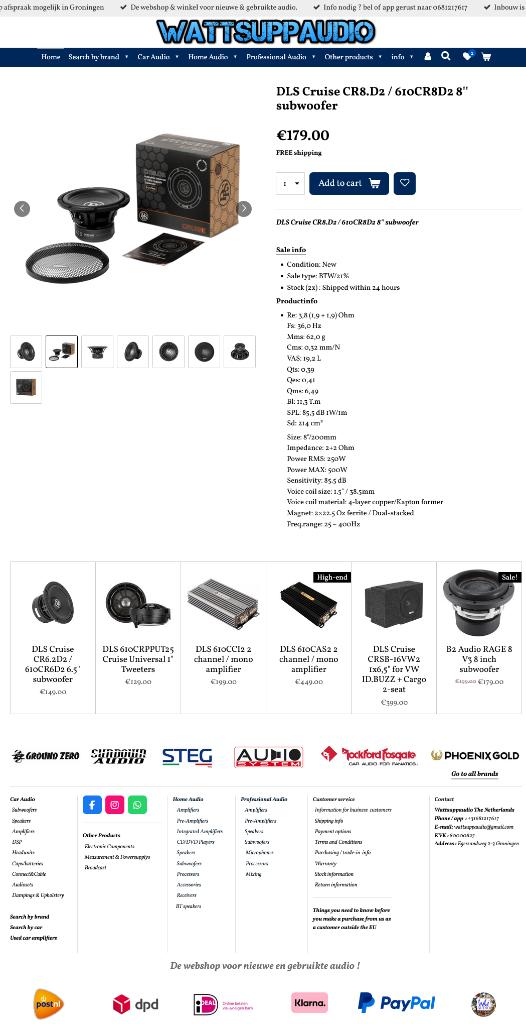 DLS Cruise CR8.D2 / 610CR8D2 8'' subwoofer 20cm /8 inch, Info@optimount.nl, Nieuw, Ophalen of Verzenden, Anholtseweg 48A 7091 HB DINXPERLO