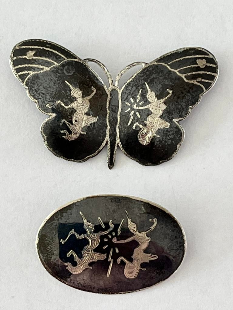 2x Broche Siam ZILVER vintage antiek  VLINDER DANSERS, Sieraden, Tassen en Uiterlijk, Antieke sieraden, Ophalen of Verzenden, Zilver