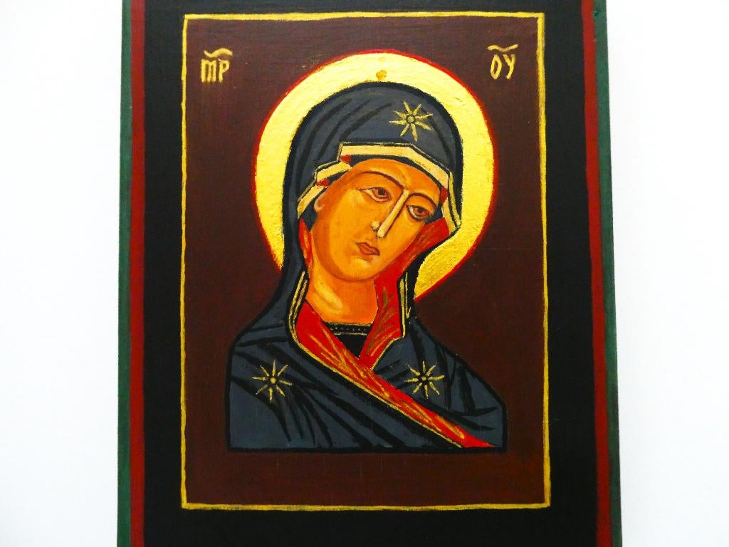 Handbeschilderd icoon van Moeder Gods goud aureool, Ophalen of Verzenden