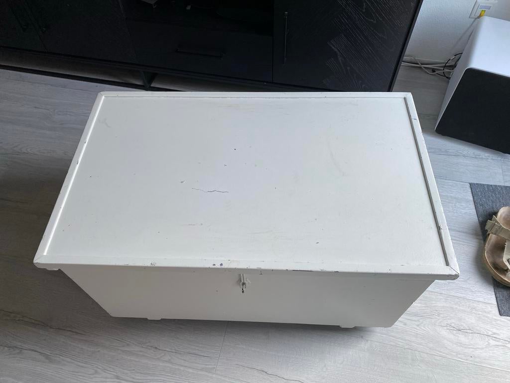 Witte houten kist op wieltjes - Opbergkist, Ophalen, Gebruikt, 50 tot 100 cm, Minder dan 50 cm
