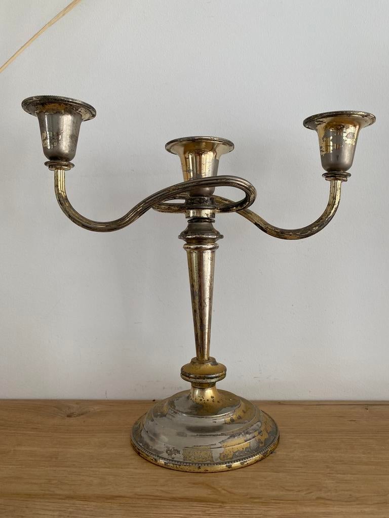 Vintage verzilverde kandelaar met drie armen, Antiek en Kunst, Ophalen of Verzenden, Overige materialen
