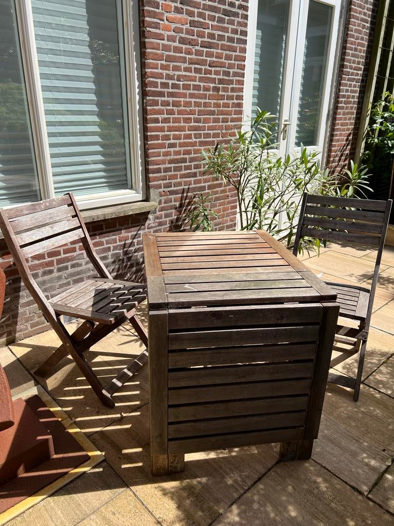 Houten tuinset met inklapbare tafel en stoelen, Gebruikt, Eettafel, Tuinset, Hout