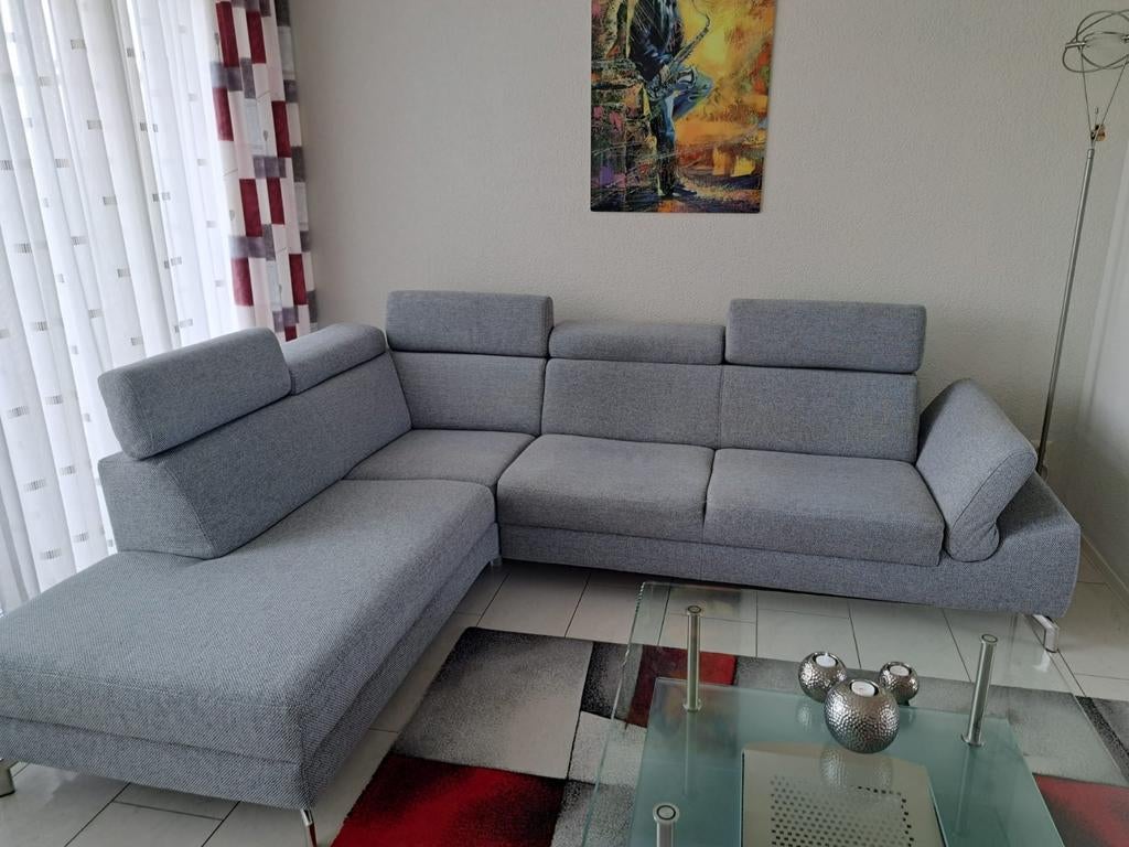 Montel hoekbank met eiland en glazen salontafel, Ophalen, Gebruikt, Hoekbank, 75 tot 100 cm