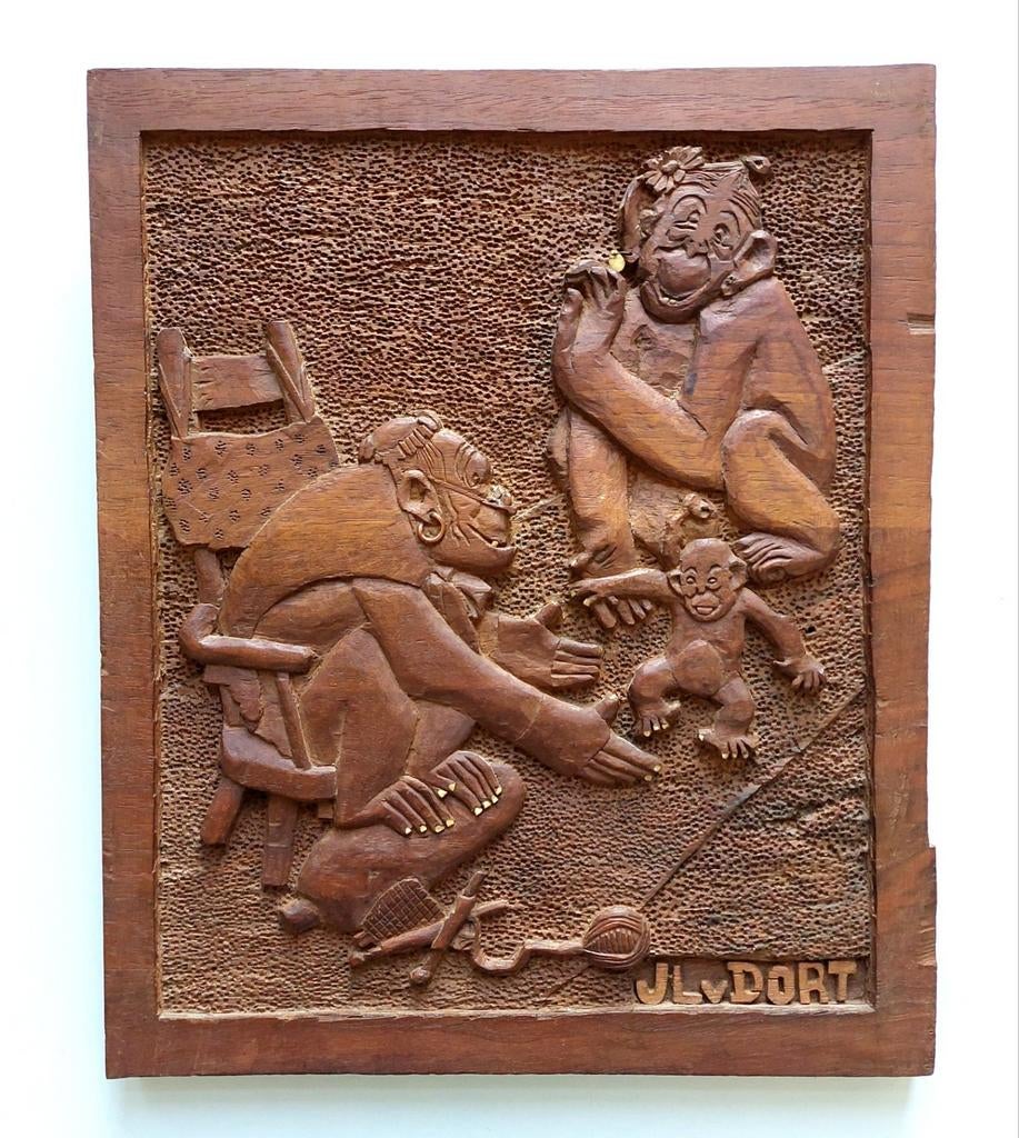 Oud Houtsnijwerk Volkskunst Gestoken Gesneden Paneel Apen, Antiek en Kunst, Kunst | Beelden en Houtsnijwerken, Verzenden, Europa
