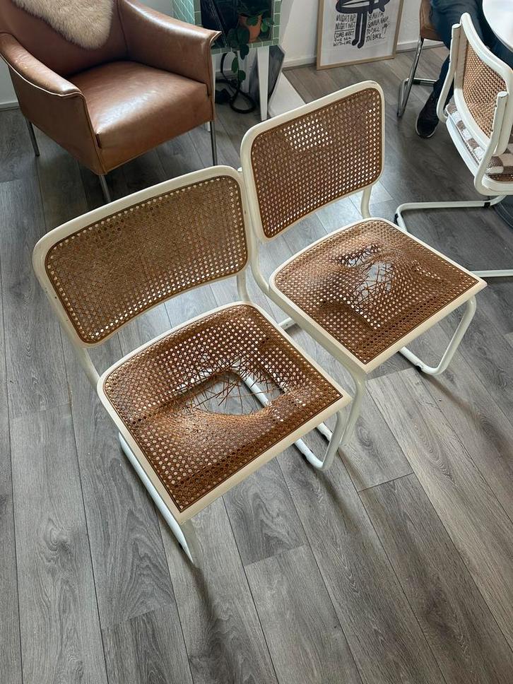 Vintage buisframe stoelen met webbing, Huis en Inrichting, Stoelen, Gebruikt, Twee, Riet of Rotan, Wit, Ophalen