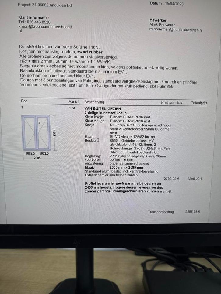 Kunststof pui met openslaande deuren- Nieuw, Doe-het-zelf en Verbouw, Deuren en Horren, Nieuw, Buitendeur, 215 cm of meer, 100 tot 120 cm