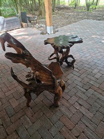 Boomstam tafel en stoel zeer uniek beschikbaar voor biedingen