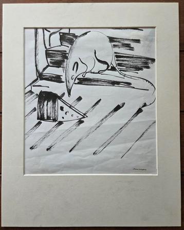 Rob Aussen. Viltstift op papier. Muis en kaas. beschikbaar voor biedingen