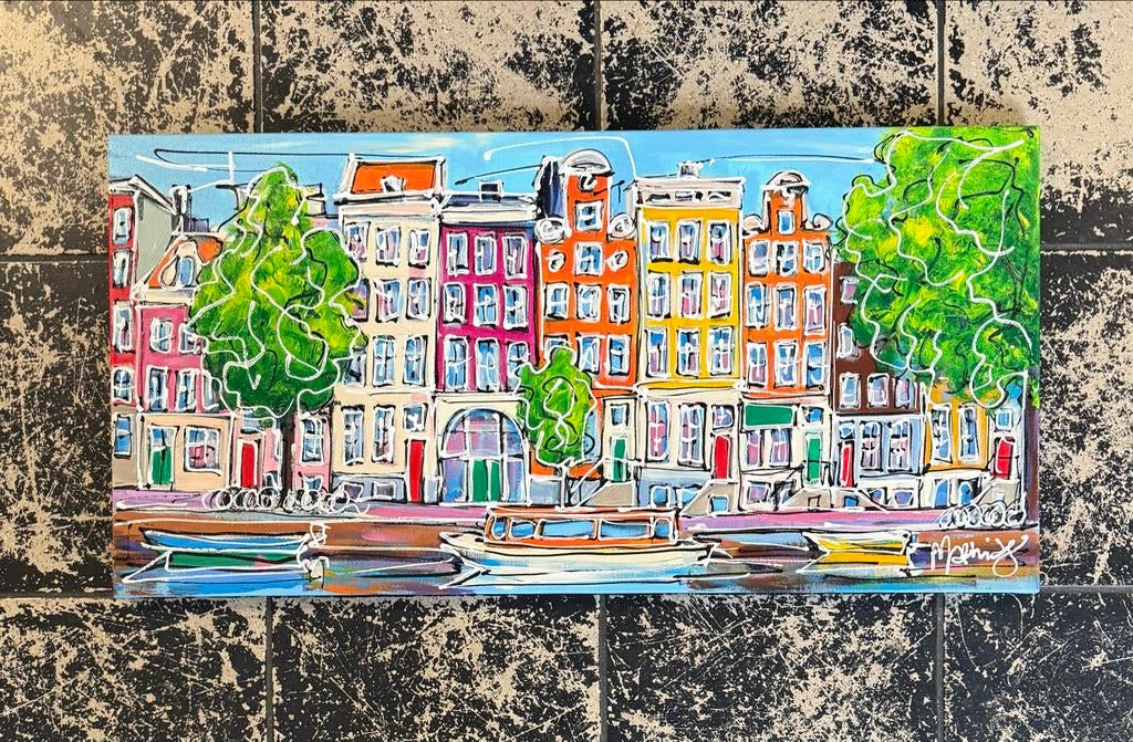 Schilderij Amsterdamse Grachten - Typische Huizen, Antiek en Kunst, Kunst | Schilderijen | Klassiek, Ophalen